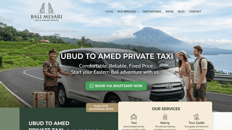 "Professional private driver Bali Mesari with a clean white MPV car for Ubud to Amed transfer, featuring a scenic background of Mount Agung and lush rice terraces."