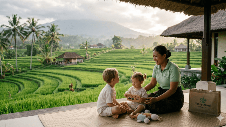 "A professional Nanny in Sidemen from Nanny Amed Bali playing with two young children using educational toys on a terrace. The background features the lush green rice fields of Sidemen and Mount Agung under a soft morning sky."